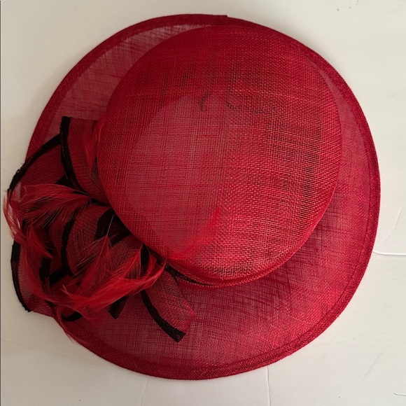 Angela & William Red Church Wedding Hat w Front Bow Feather